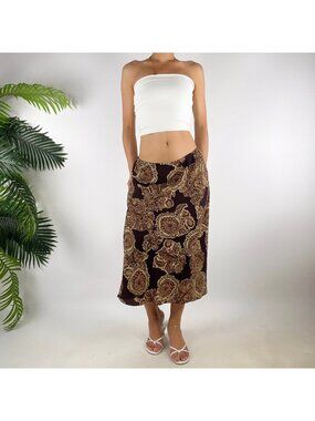 Vintage 90s Brown Floral Paisley Fairycore Bohemian A-Line Midi Skirt / 12P